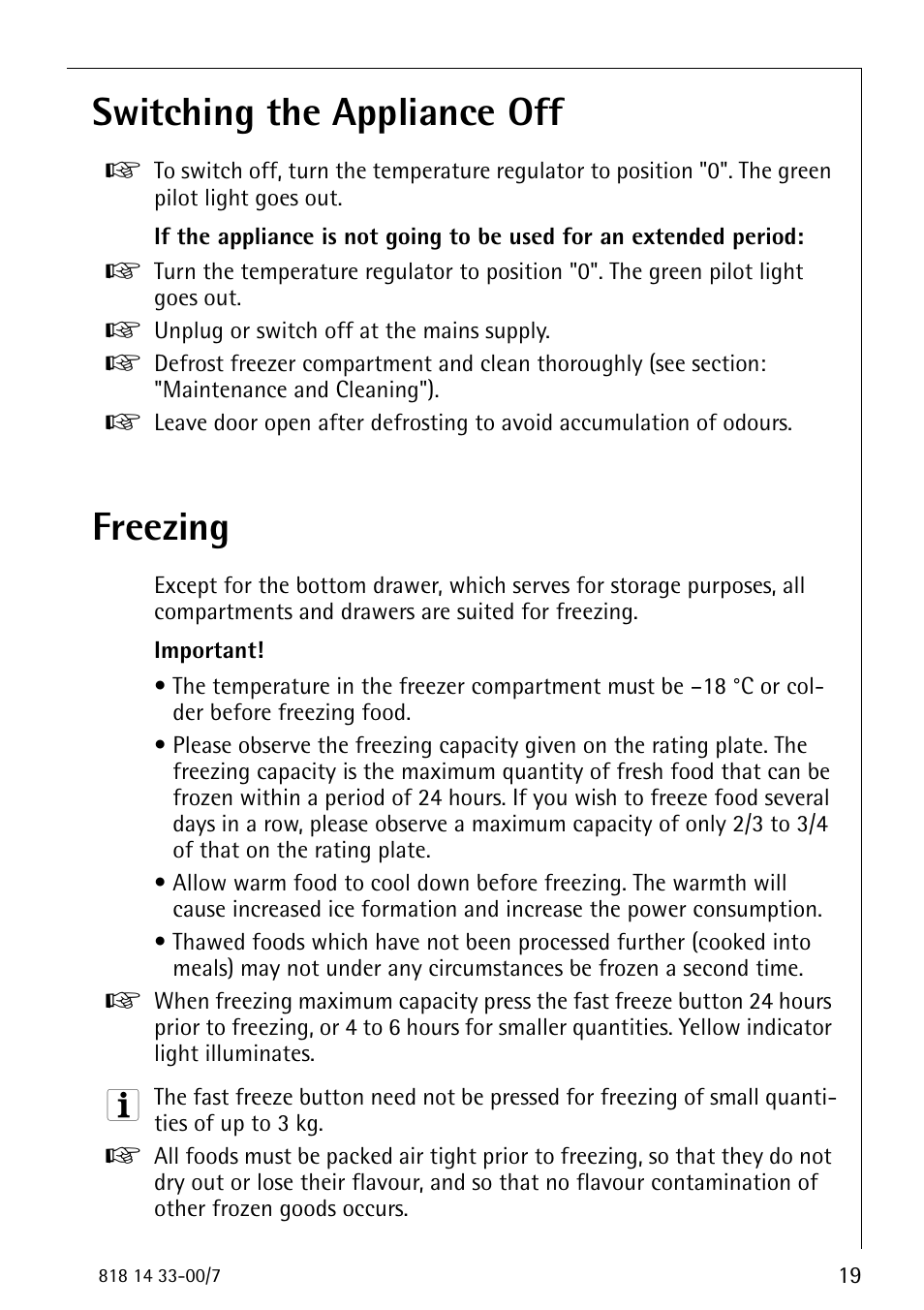 Switching the appliance off, Freezing | Electrolux 2170-4 User Manual | Page 19 / 32