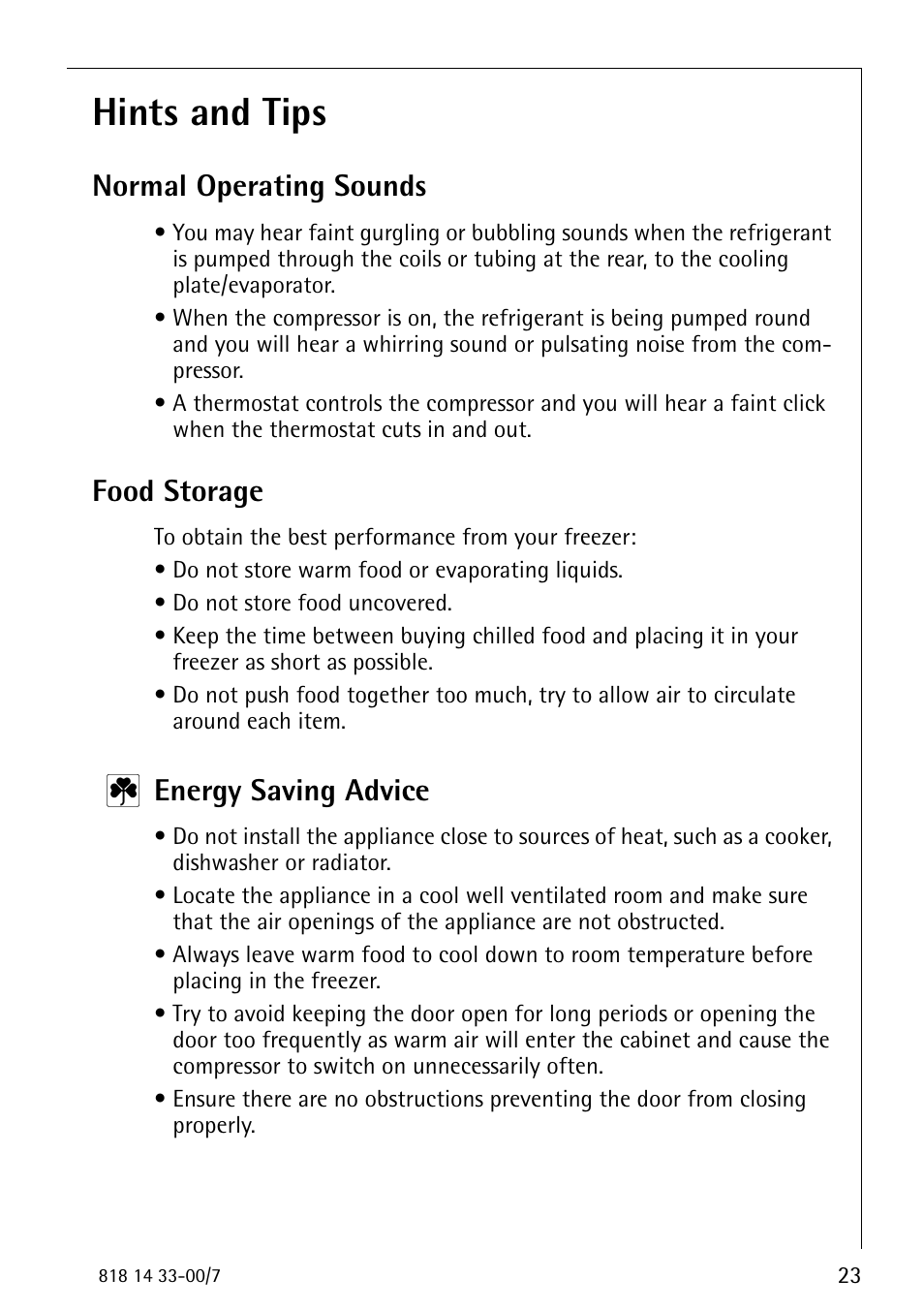Hints and tips, Normal operating sounds, Food storage | Energy saving advice | Electrolux 2170-4 User Manual | Page 23 / 32