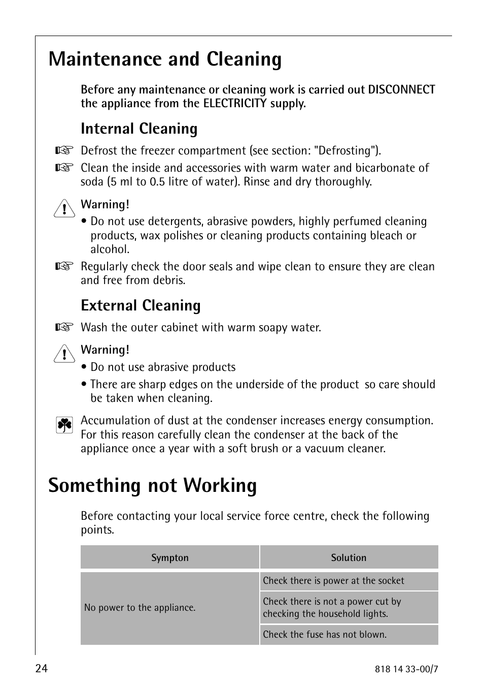 Maintenance and cleaning, Something not working, Internal cleaning | External cleaning | Electrolux 2170-4 User Manual | Page 24 / 32