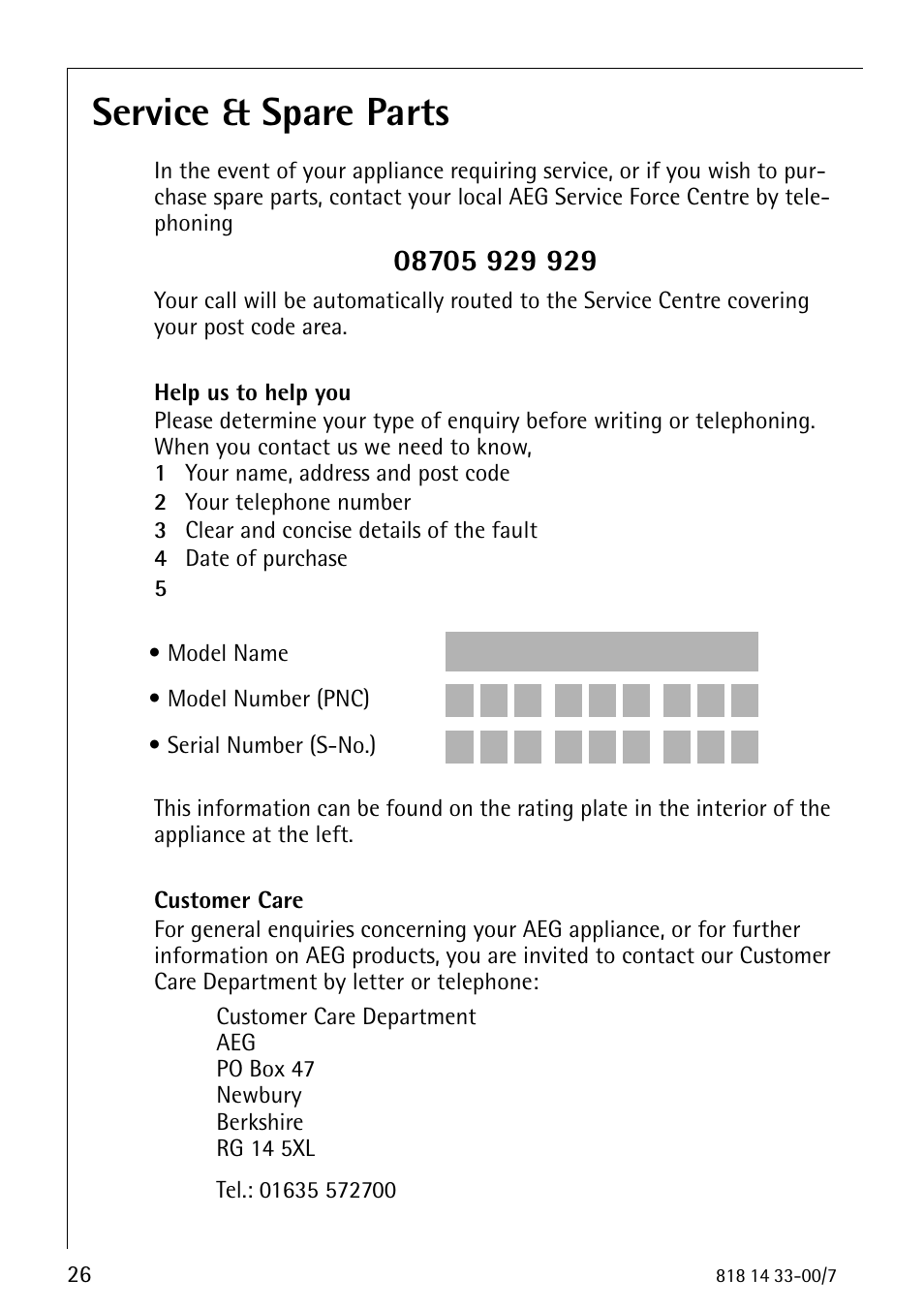 Service & spare parts | Electrolux 2170-4 User Manual | Page 26 / 32