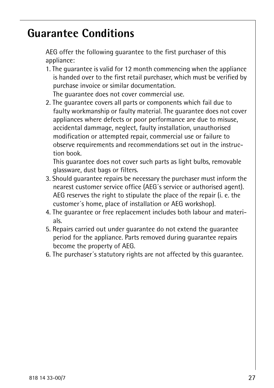 Guarantee conditions | Electrolux 2170-4 User Manual | Page 27 / 32