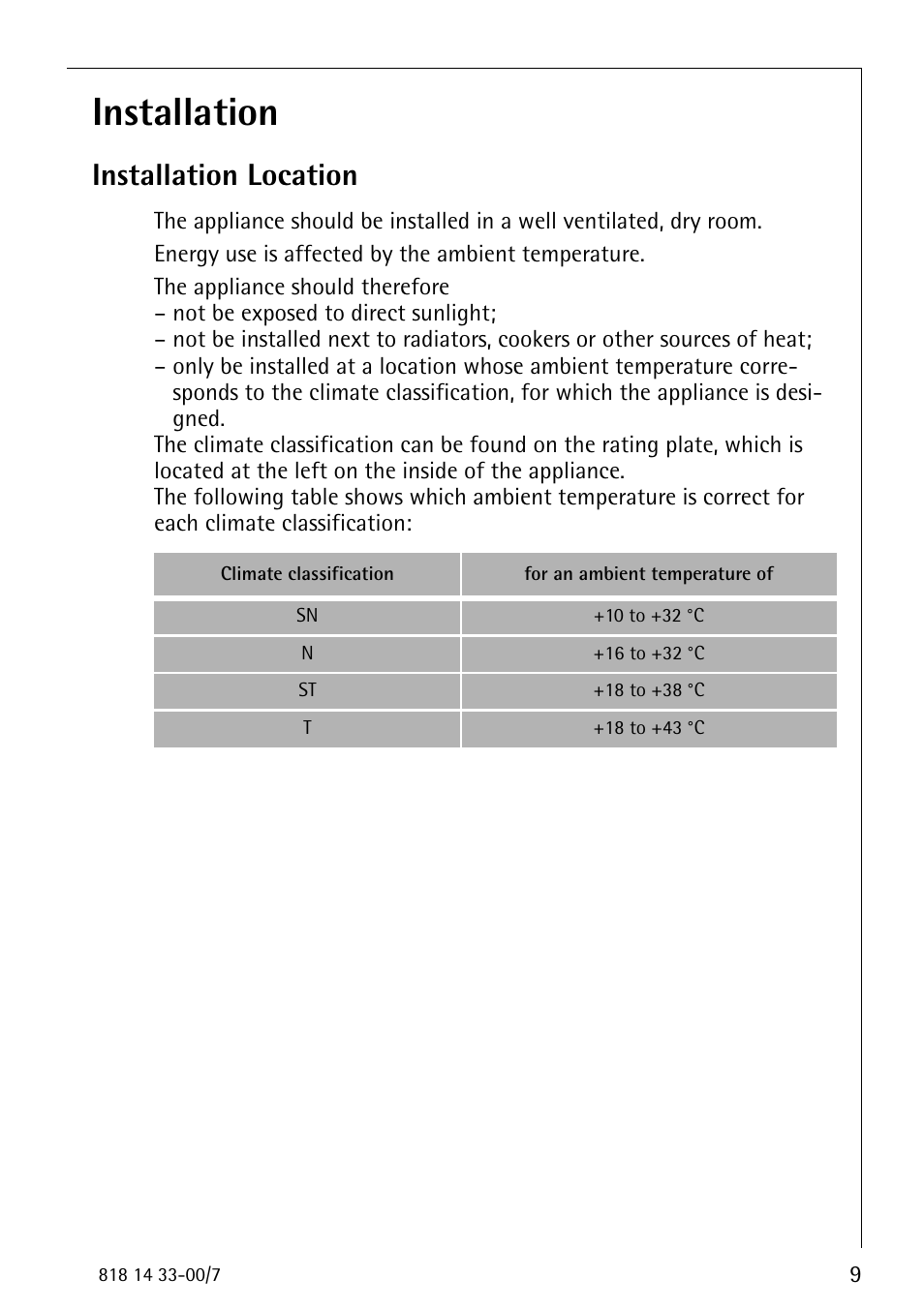 Installation, Installation location | Electrolux 2170-4 User Manual | Page 9 / 32