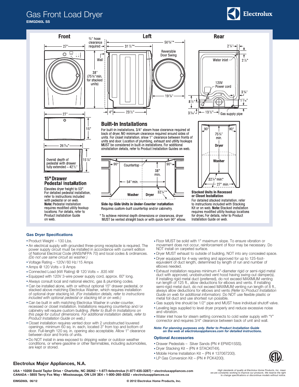 Gas front load dryer | Electrolux Gas Front Load Dryer EIMGD60L SS User Manual | Page 2 / 2