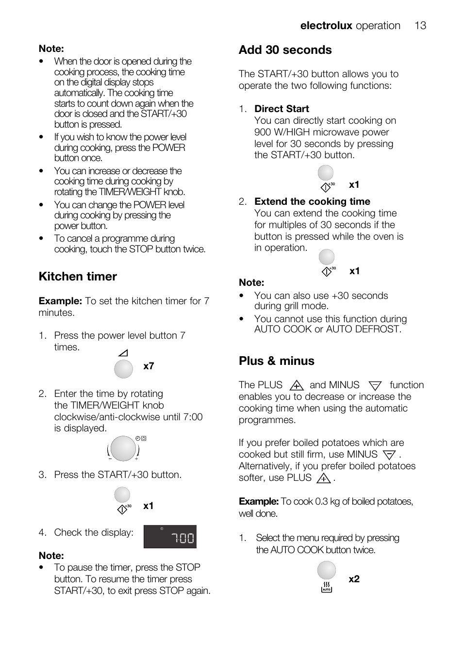 Kitchen timer, Add 30 seconds, Plus & minus | Electrolux operation 13 | Electrolux EMS26415 User Manual | Page 13 / 36