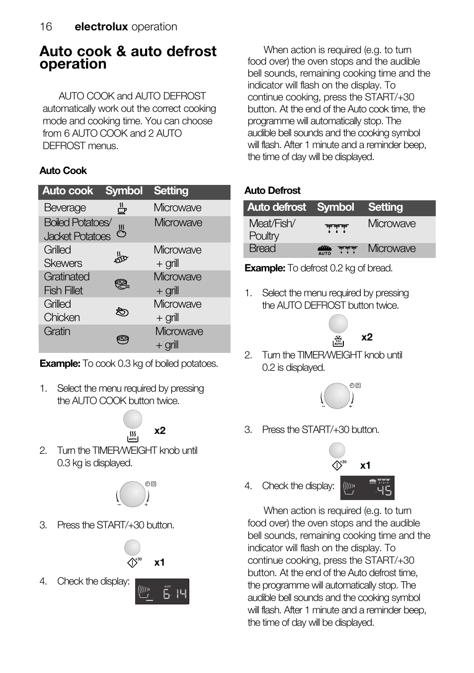 Auto cook & auto defrost operation, Electrolux operation 16 | Electrolux EMS26415 User Manual | Page 16 / 36