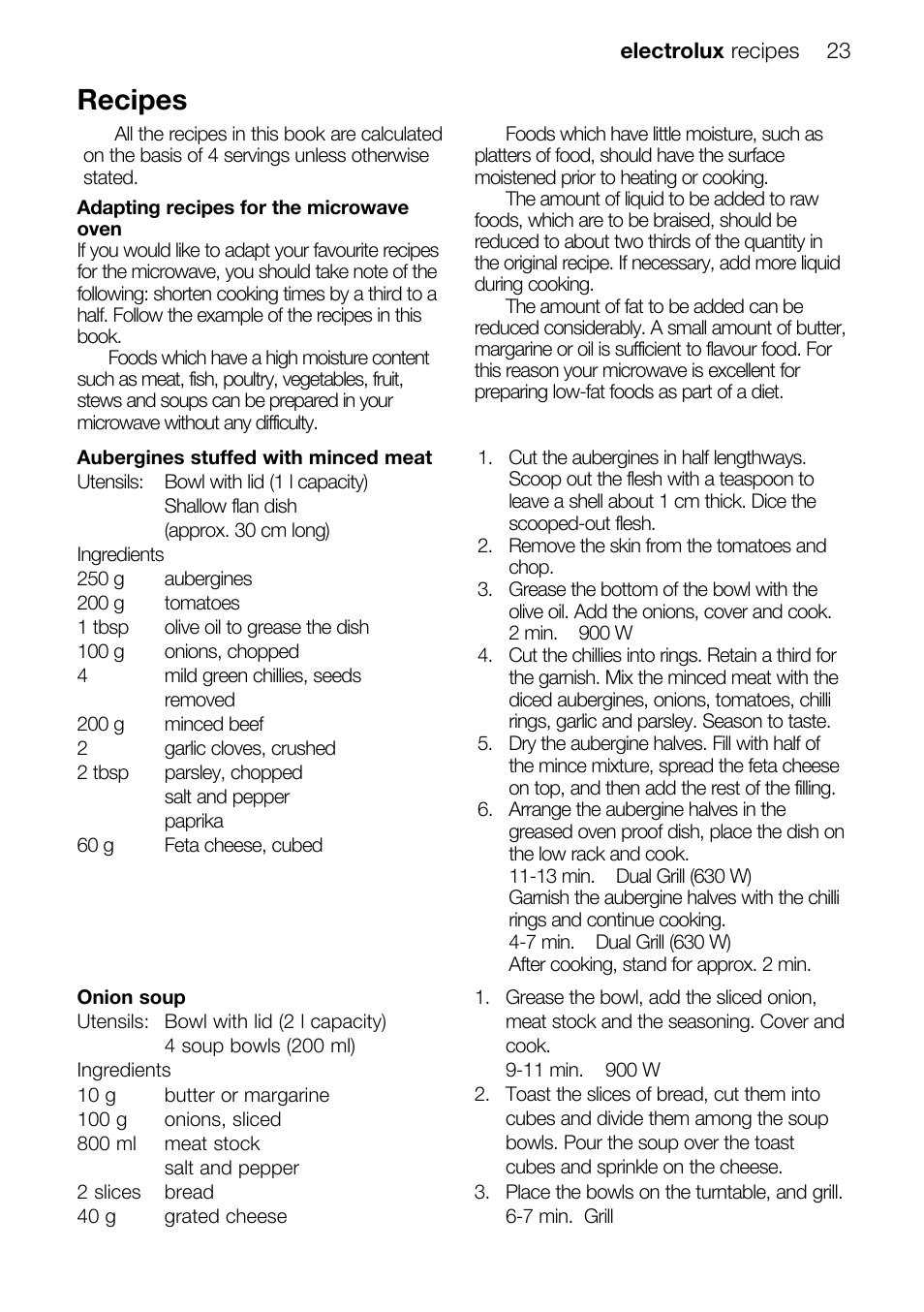 Recipes | Electrolux EMS26415 User Manual | Page 23 / 36