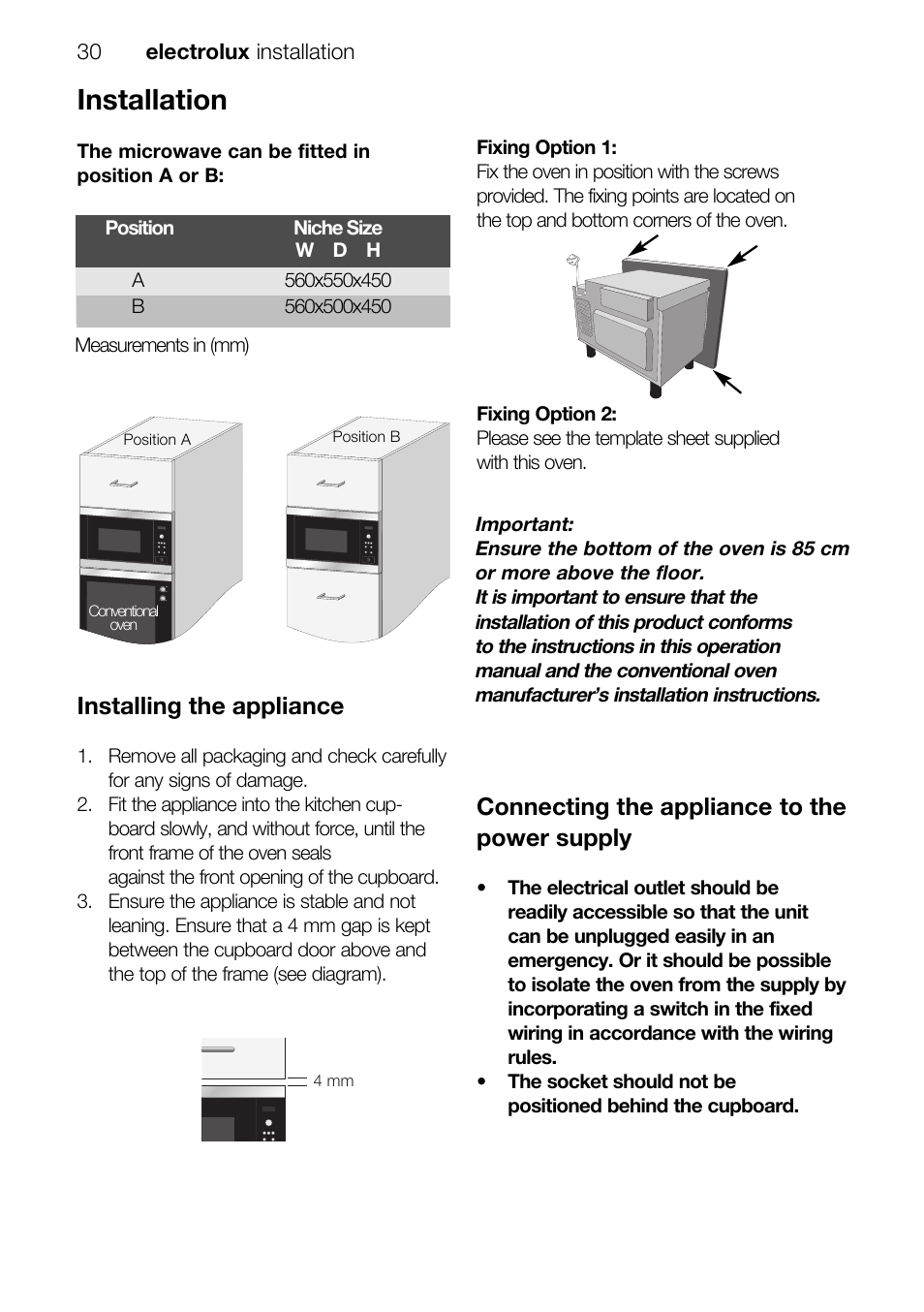 Installation, Installing the appliance, Connecting the appliance to the power supply | Electrolux EMS26415 User Manual | Page 30 / 36