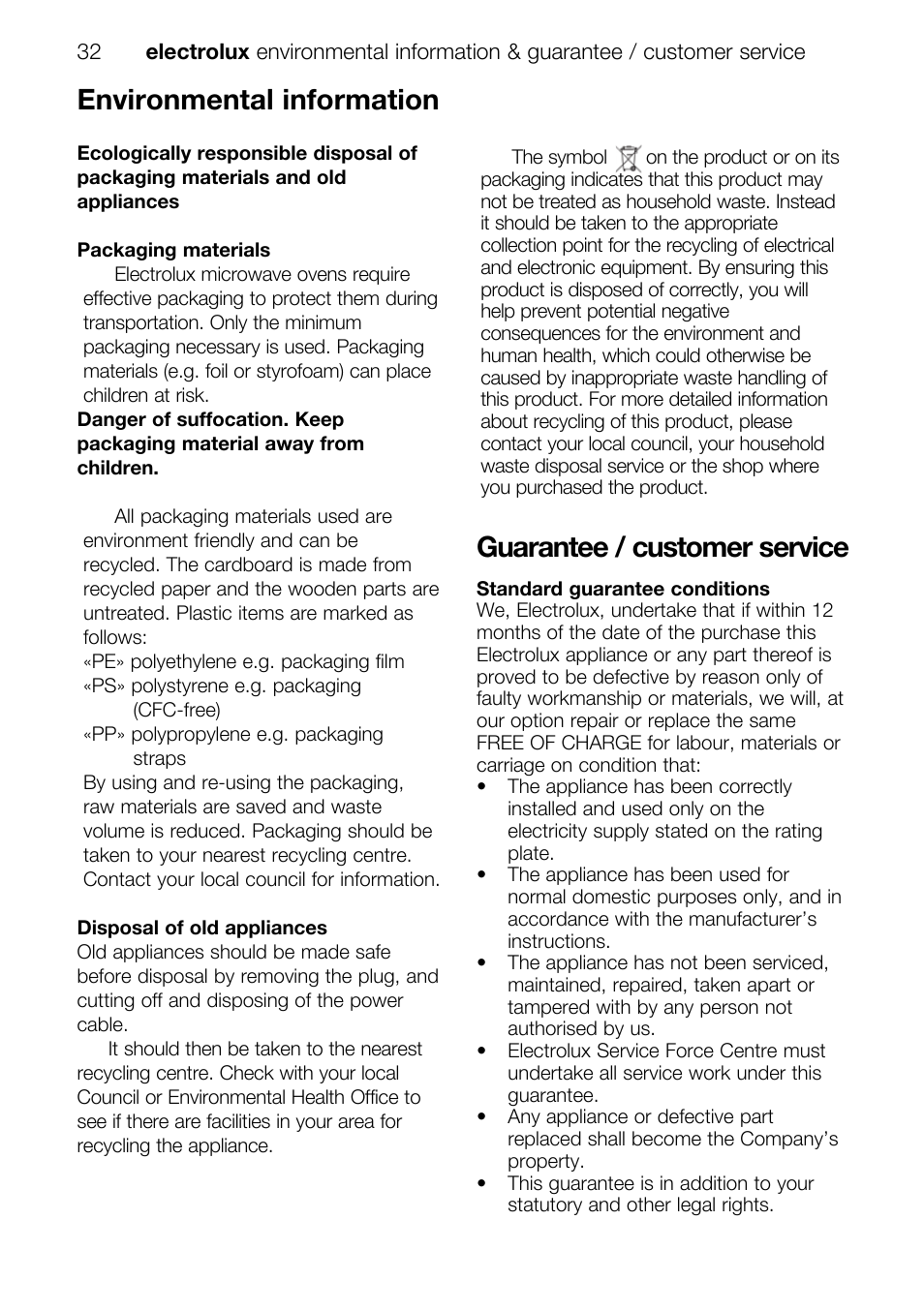 Environmental information, Guarantee / customer service | Electrolux EMS26415 User Manual | Page 32 / 36