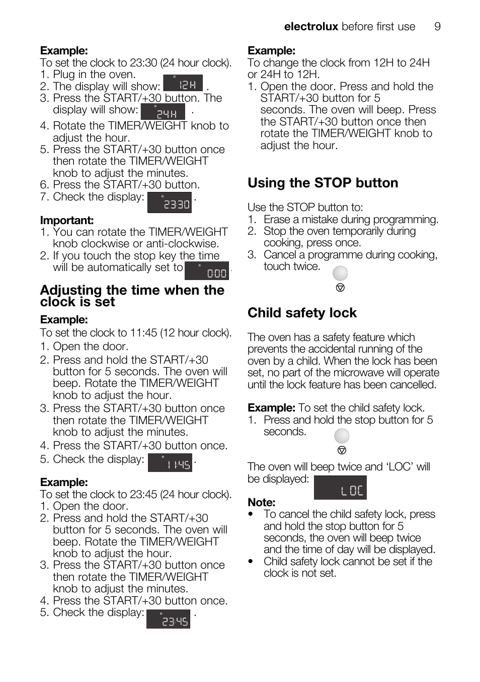 Using the stop button, Child safety lock, Adjusting the time when the clock is set | Electrolux EMS26415 User Manual | Page 9 / 36