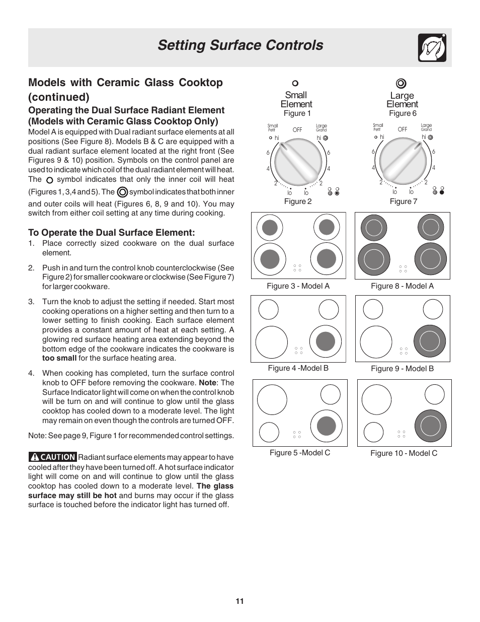 Setting surface controls, Models with ceramic glass cooktop (continued), Large element | Small element | Electrolux Drop-in User Manual | Page 11 / 28