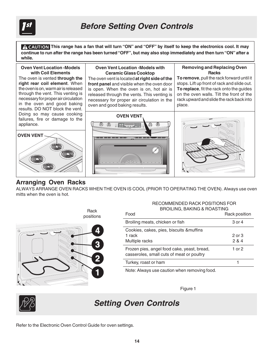 Before setting oven controls, Setting oven controls, Arranging oven racks | Electrolux Drop-in User Manual | Page 14 / 28