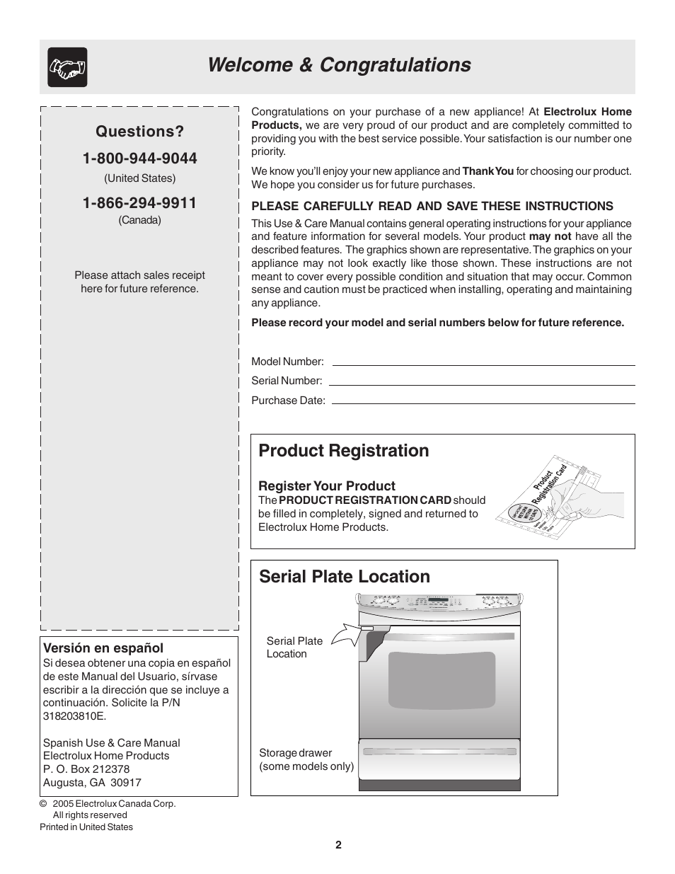 Product registration, Serial plate location | Electrolux Drop-in User Manual | Page 2 / 28