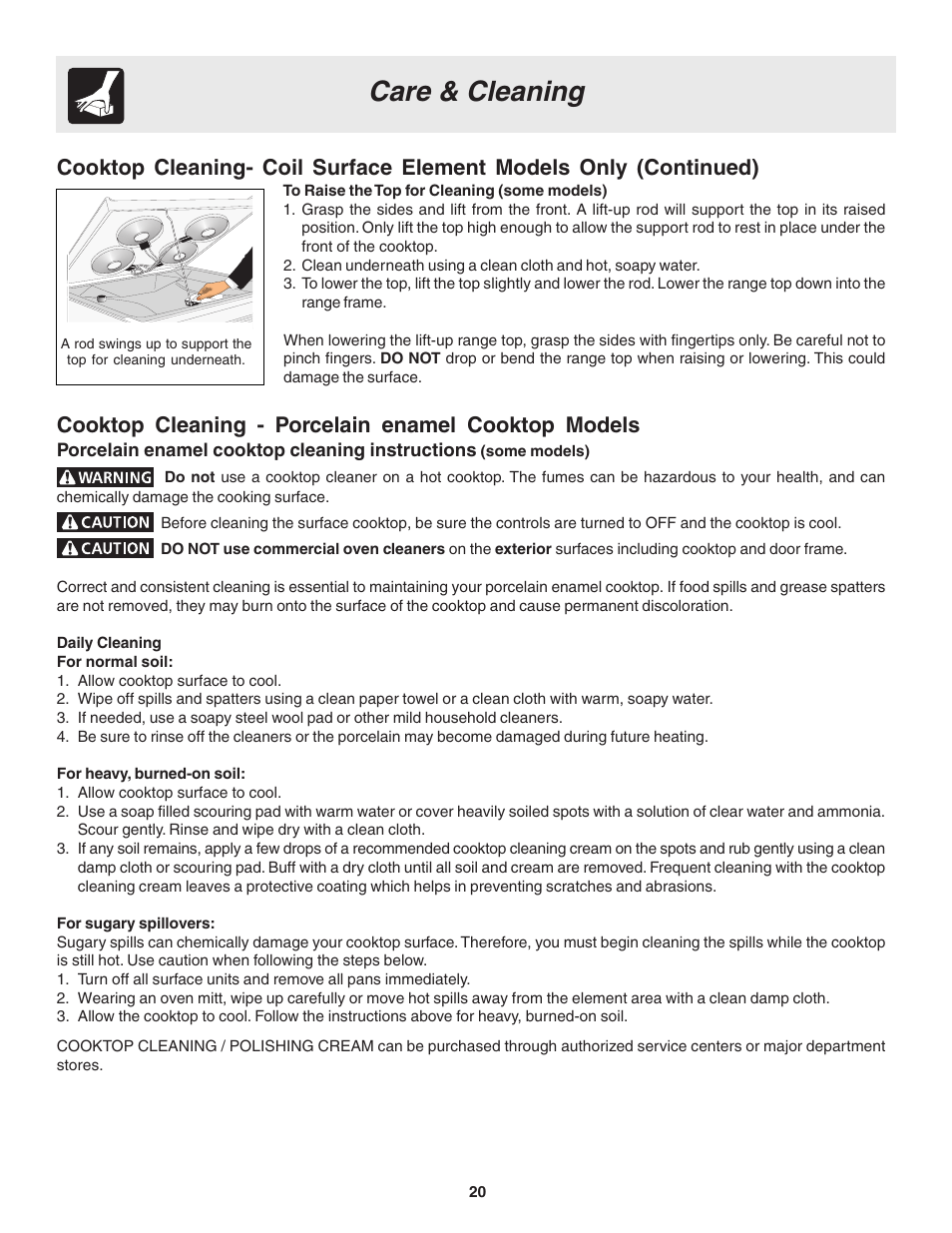 Care & cleaning, Cooktop cleaning - porcelain enamel cooktop models, Porcelain enamel cooktop cleaning instructions | Electrolux Drop-in User Manual | Page 20 / 28