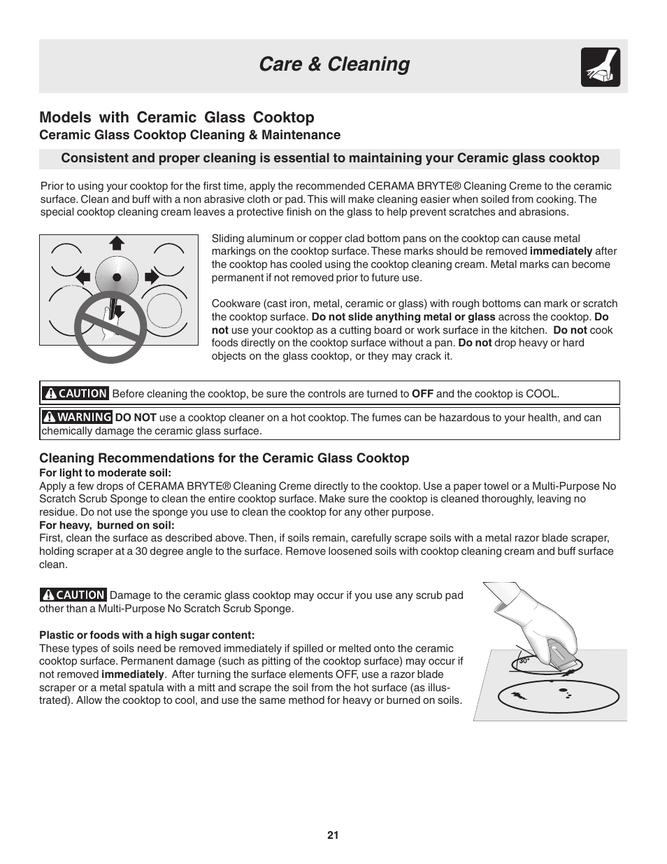 Care & cleaning, Models with ceramic glass cooktop | Electrolux Drop-in User Manual | Page 21 / 28