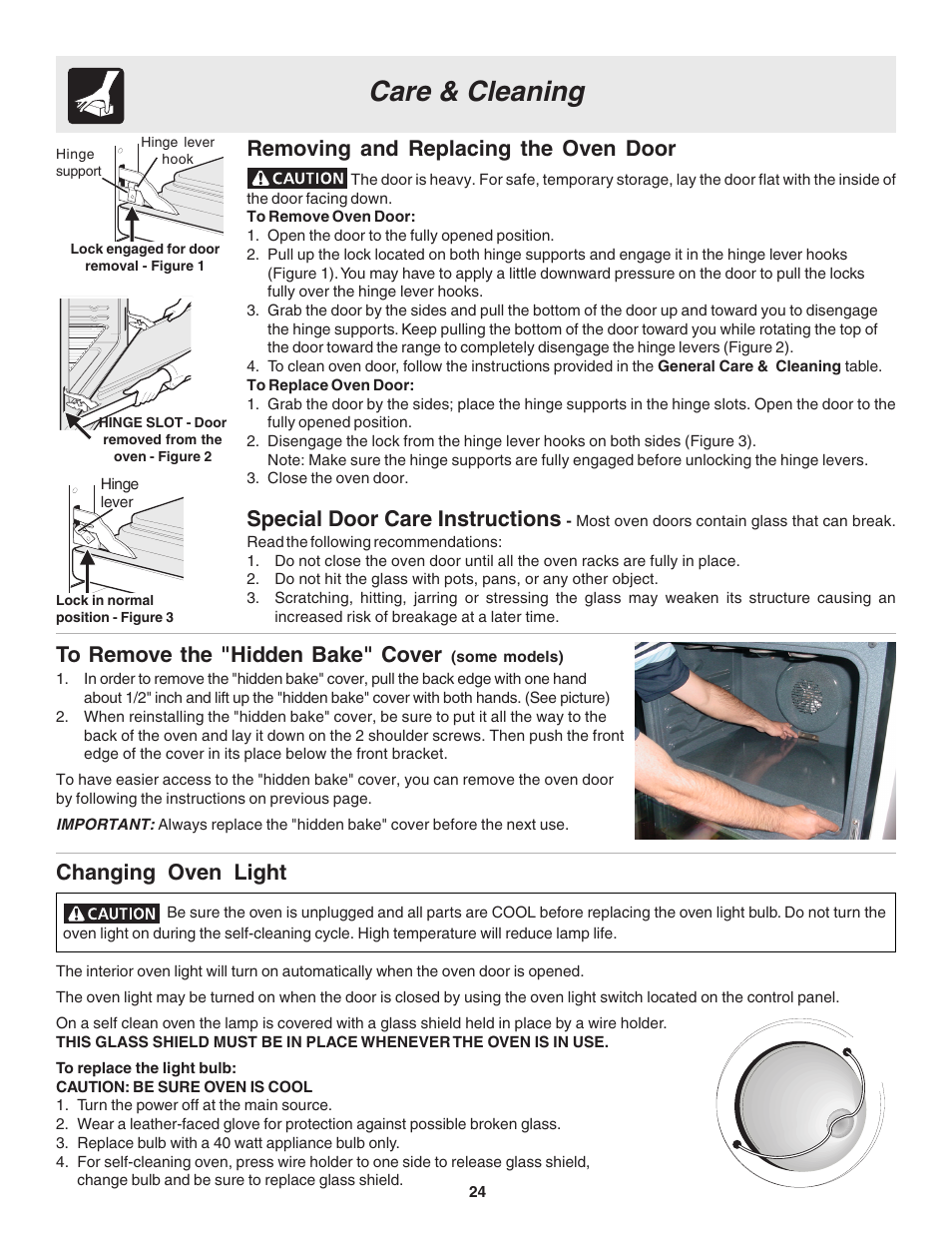 Care & cleaning, Changing oven light, Removing and replacing the oven door | Special door care instructions | Electrolux Drop-in User Manual | Page 24 / 28