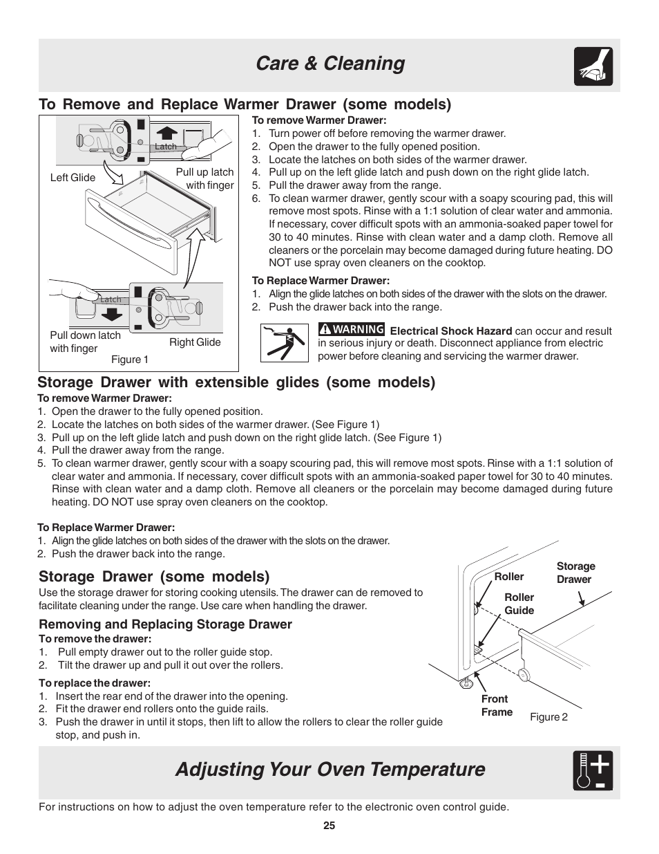 Adjusting your oven temperature, Care & cleaning, Storage drawer (some models) | Electrolux Drop-in User Manual | Page 25 / 28