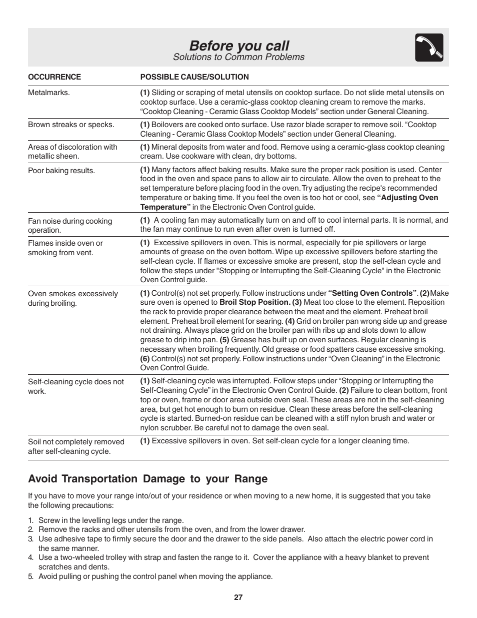 Before you call, Avoid transportation damage to your range, Solutions to common problems | Electrolux Drop-in User Manual | Page 27 / 28
