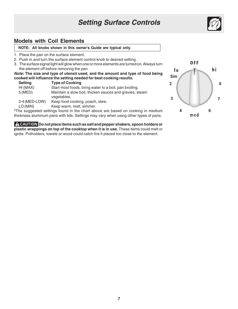 Setting surface controls, Models with coil elements | Electrolux Drop-in User Manual | Page 7 / 28