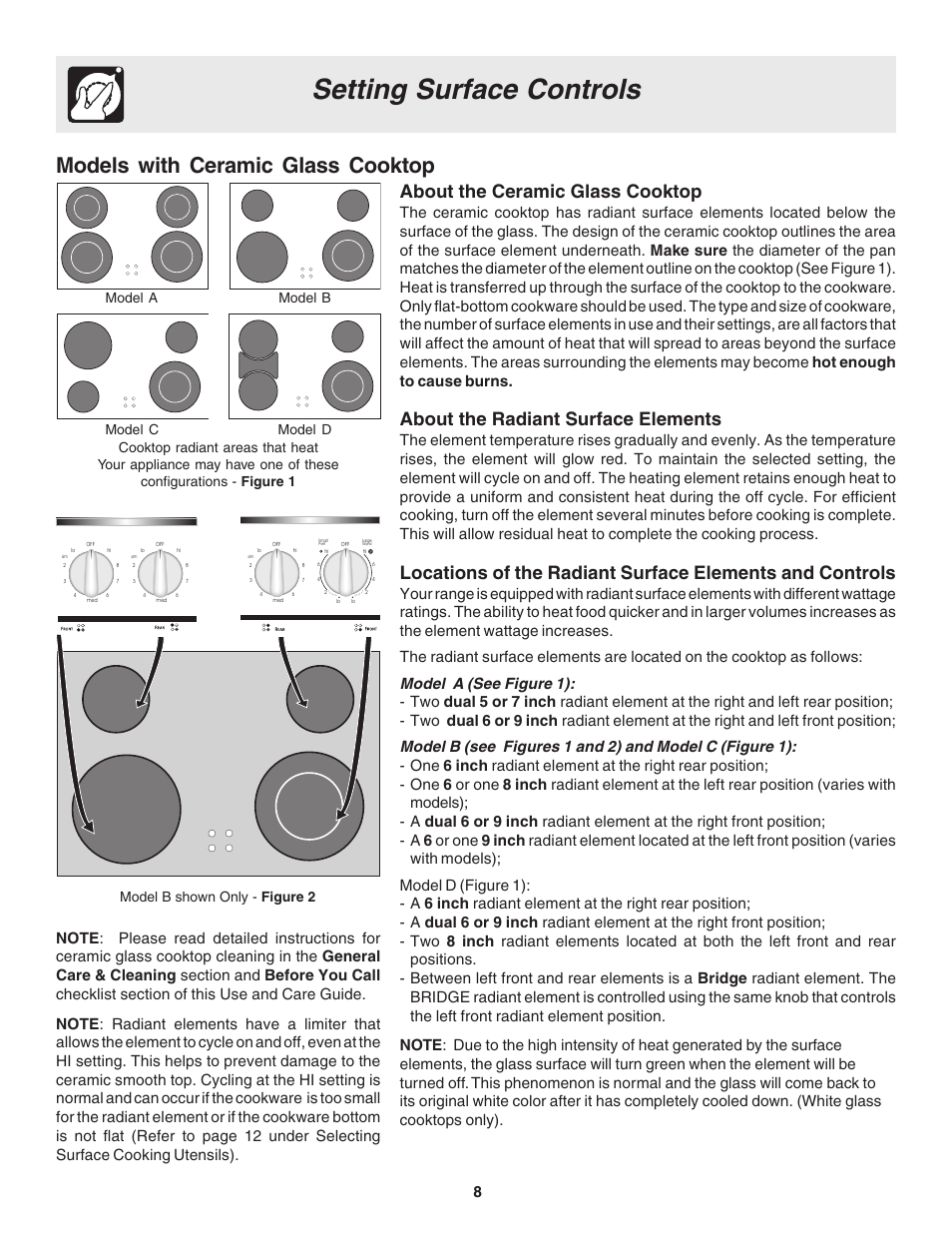 Setting surface controls, Models with ceramic glass cooktop, About the ceramic glass cooktop | About the radiant surface elements, Model b shown only - figure 2, Model a model b | Electrolux Drop-in User Manual | Page 8 / 28