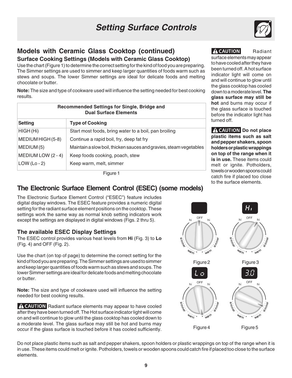 Setting surface controls, Models with ceramic glass cooktop (continued), The available esec display settings | Electrolux Drop-in User Manual | Page 9 / 28