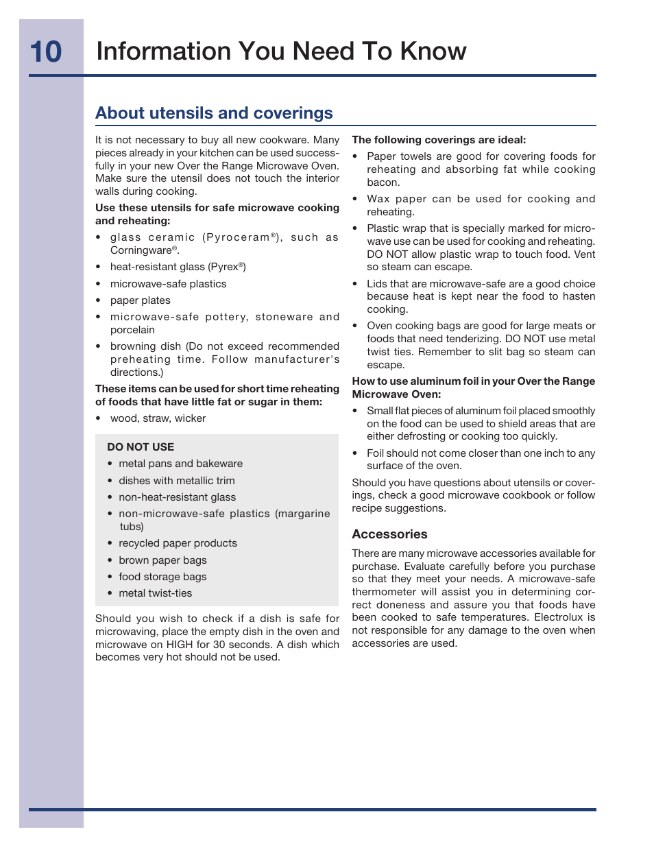 Information you need to know, About utensils and coverings | Electrolux 316495005 User Manual | Page 10 / 33