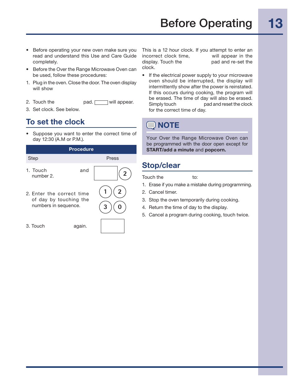 Before operating, Stop/clear | Electrolux 316495005 User Manual | Page 13 / 33