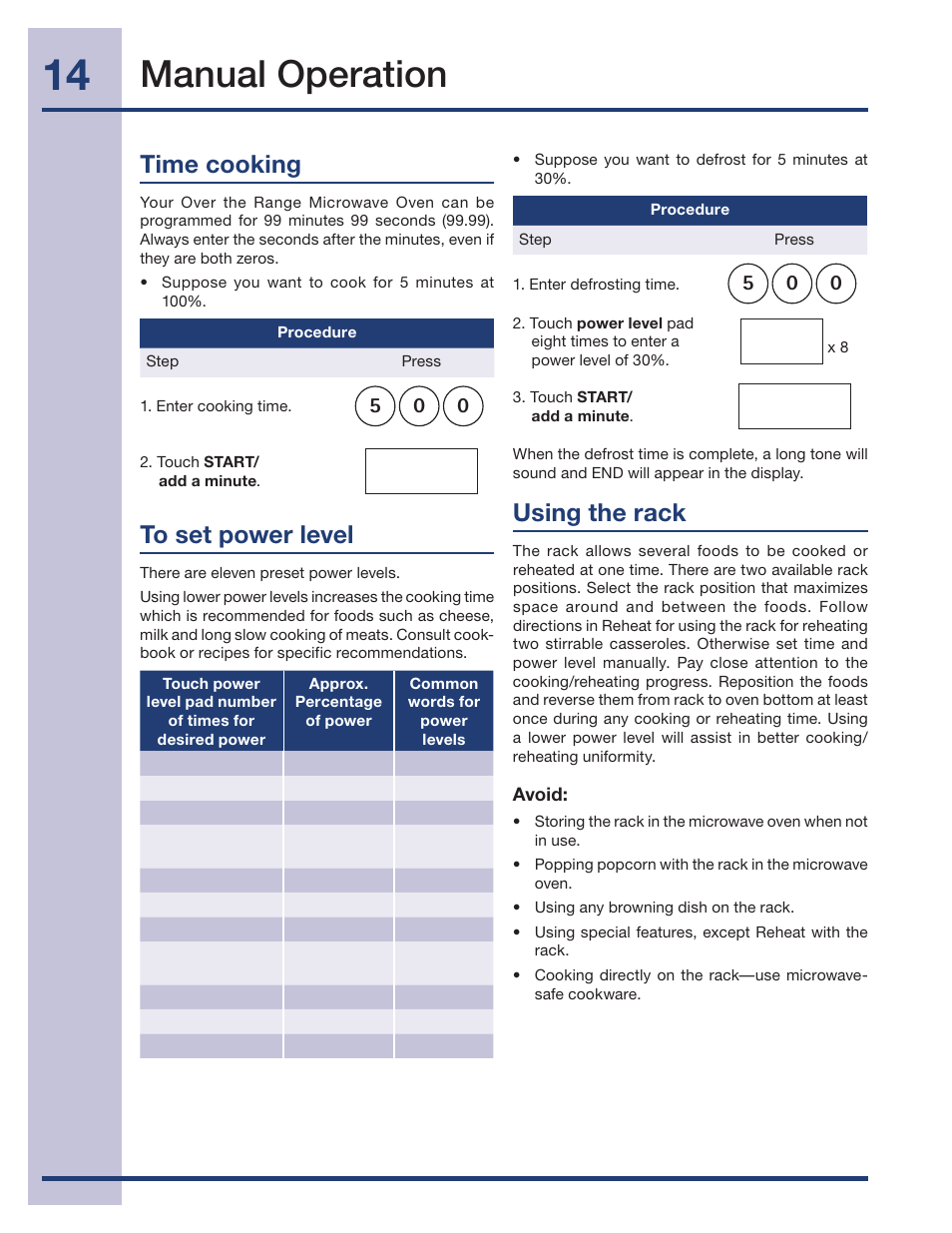 Manual operation, Using the rack, Time cooking | Electrolux 316495005 User Manual | Page 14 / 33