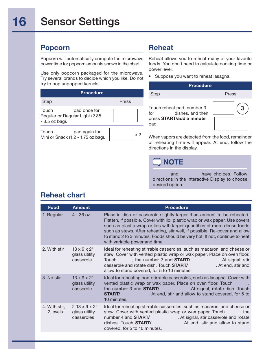 Sensor settings, Reheat, Reheat chart | Popcorn | Electrolux 316495005 User Manual | Page 16 / 33