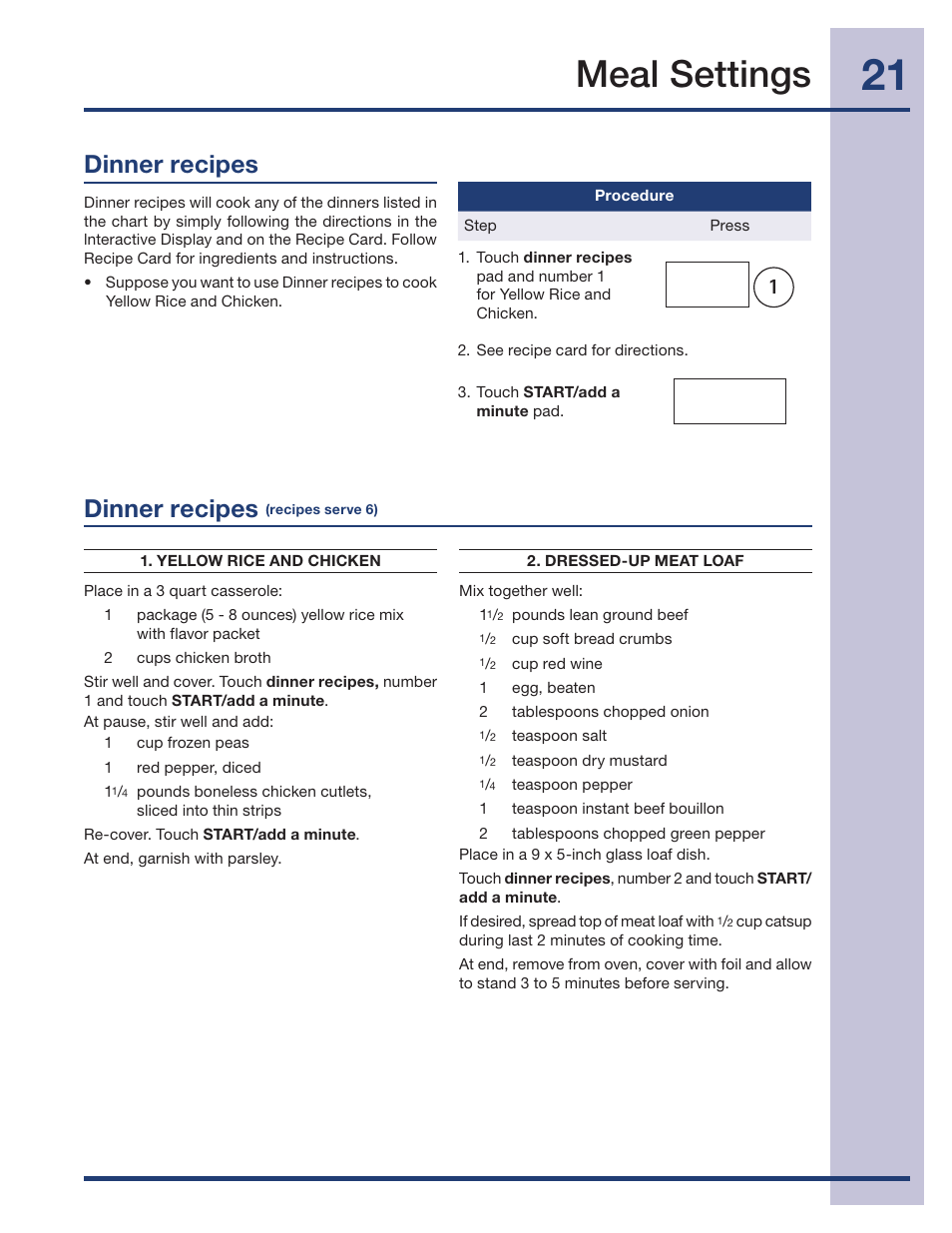 Meal settings, Dinner recipes | Electrolux 316495005 User Manual | Page 21 / 33