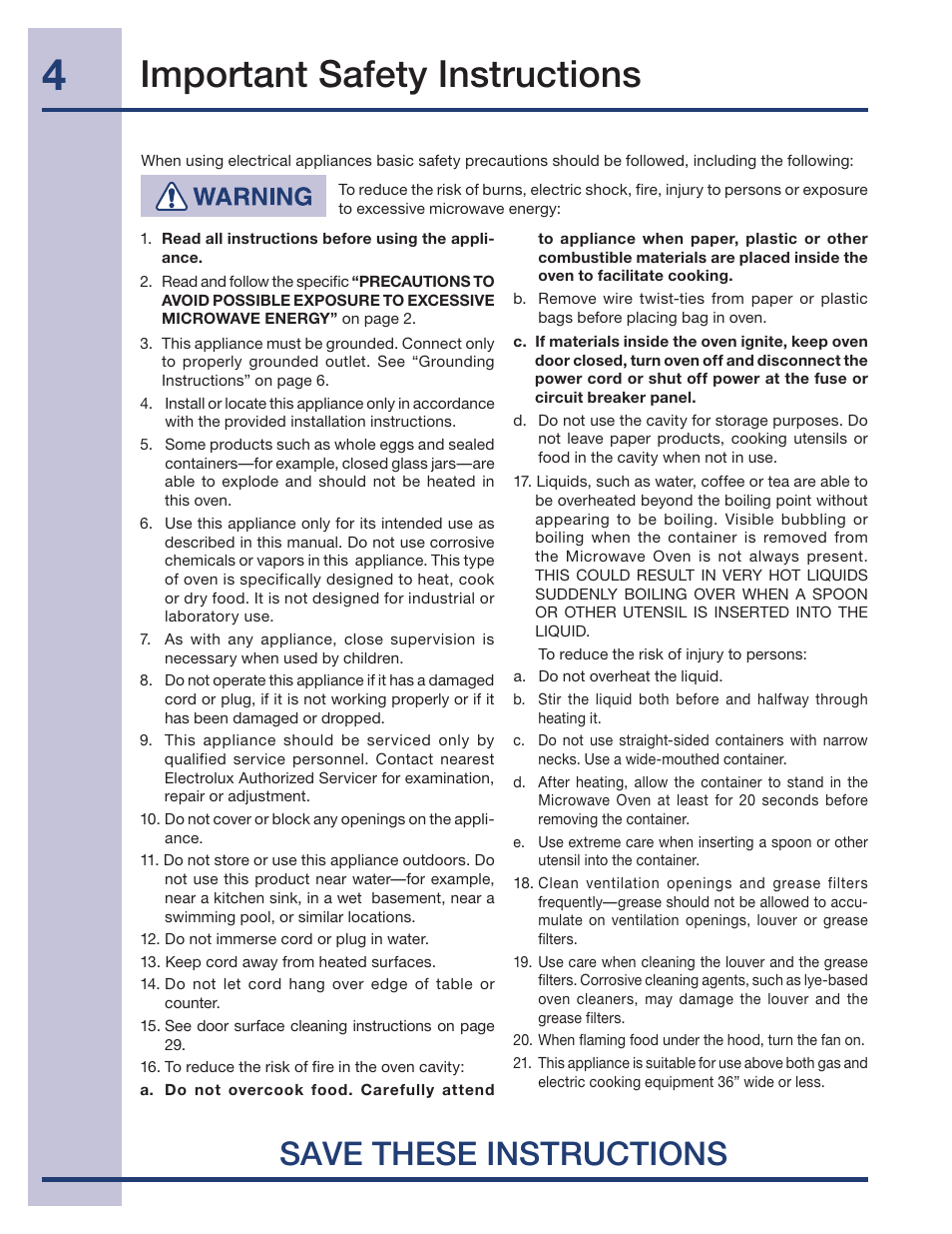 Important safety instructions, Save these instructions | Electrolux 316495005 User Manual | Page 4 / 33