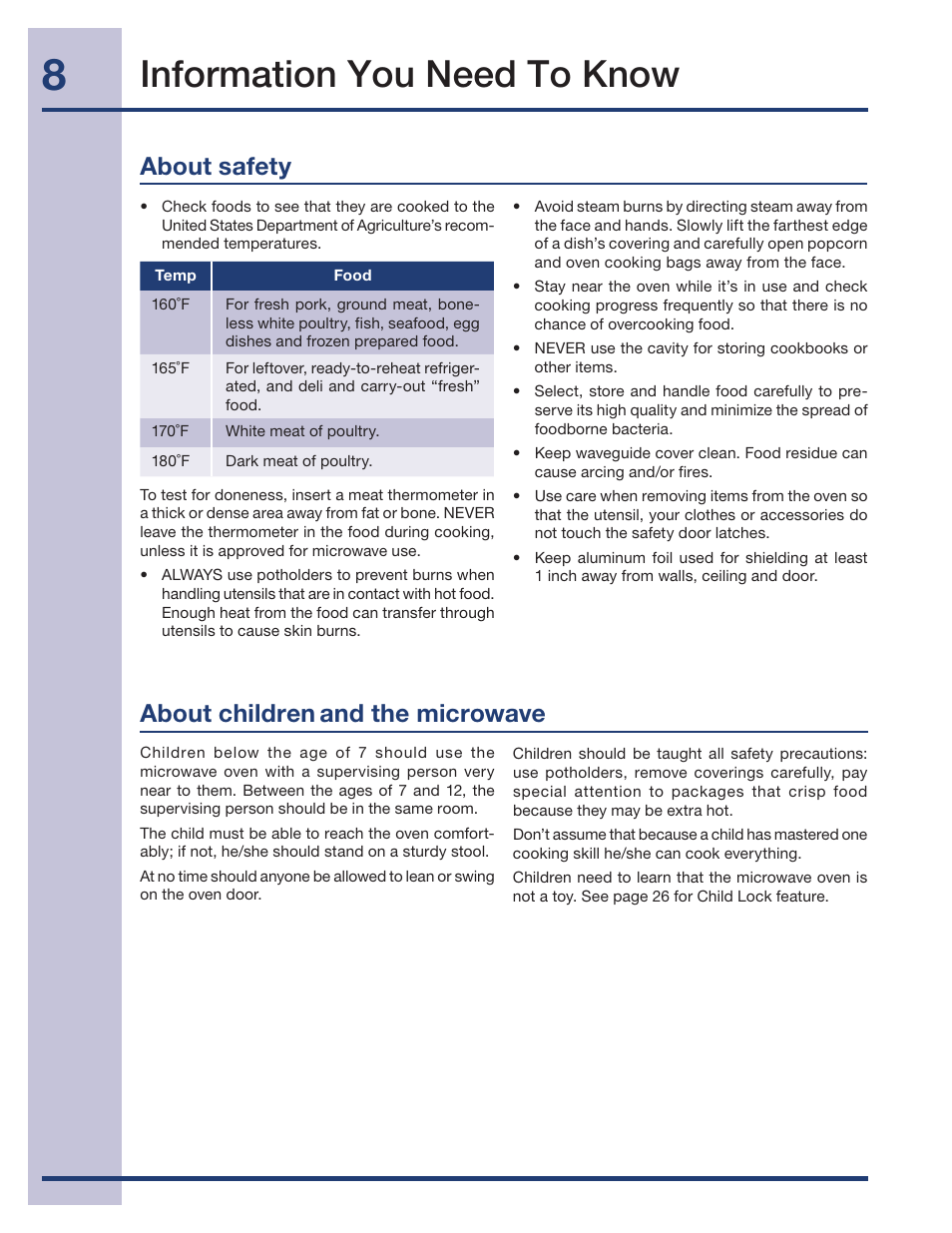 Information you need to know, About children, And the microwave about safety | Electrolux 316495005 User Manual | Page 8 / 33