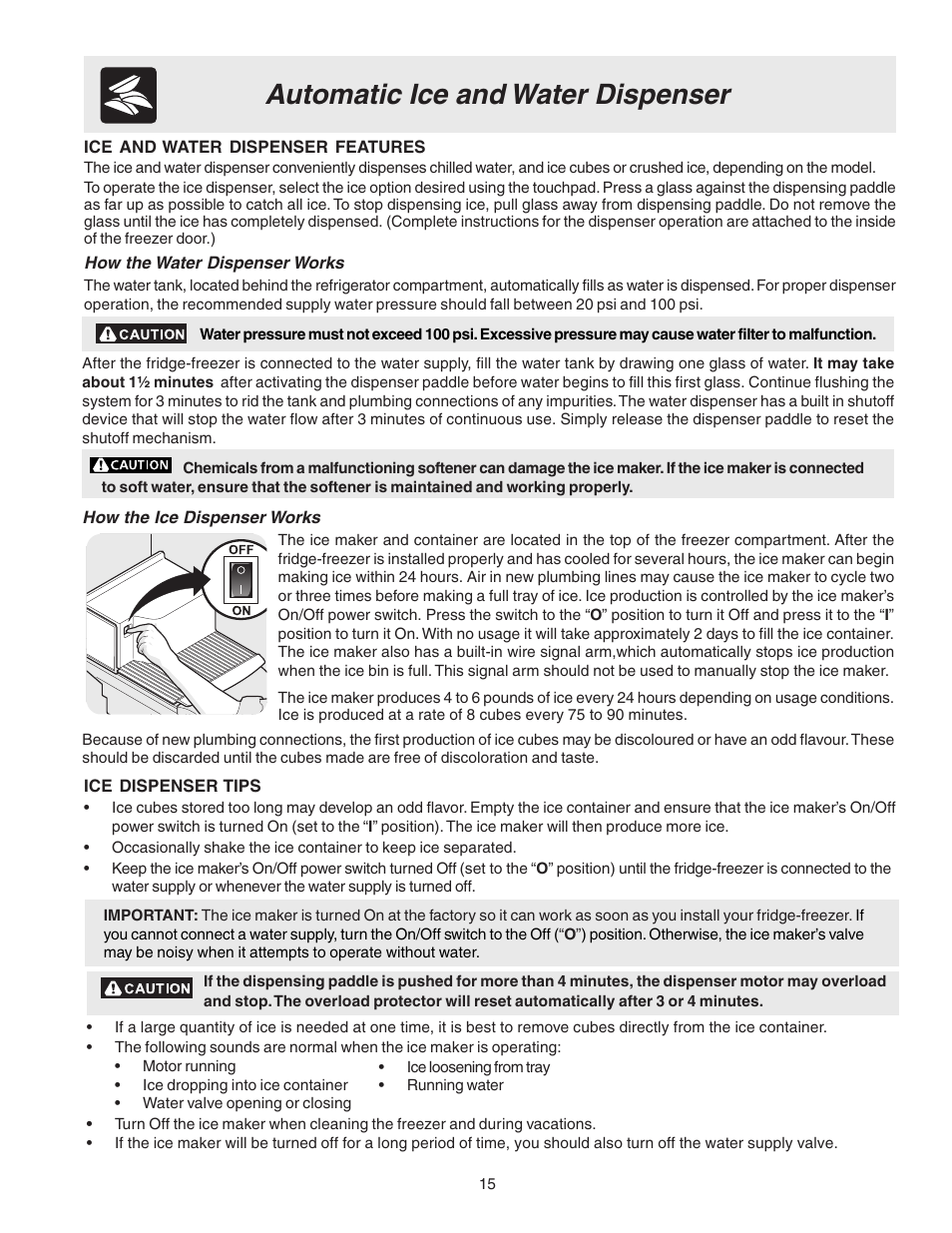 Automatic ice and water dispenser | Electrolux U27107 User Manual | Page 15 / 28