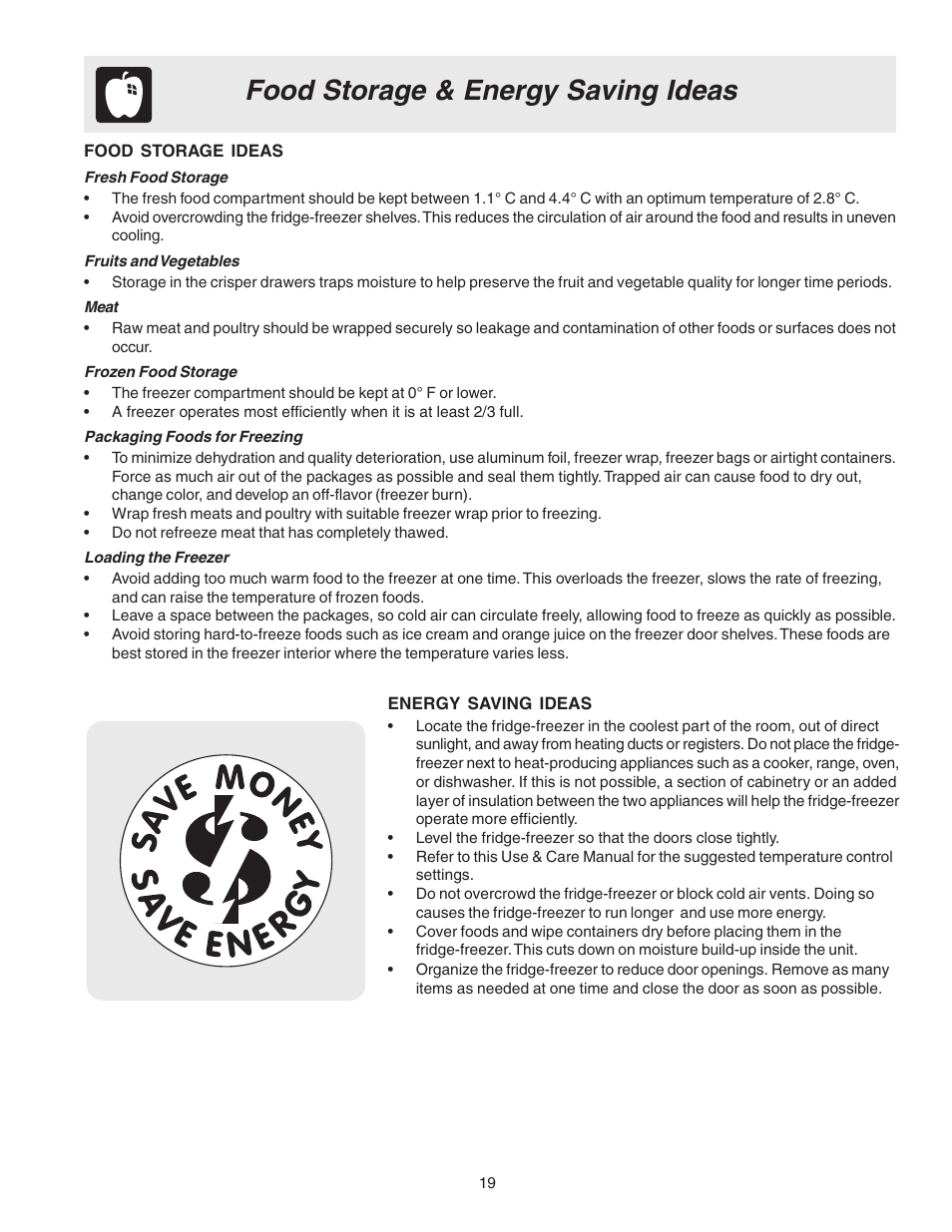 Food storage & energy saving ideas | Electrolux U27107 User Manual | Page 19 / 28