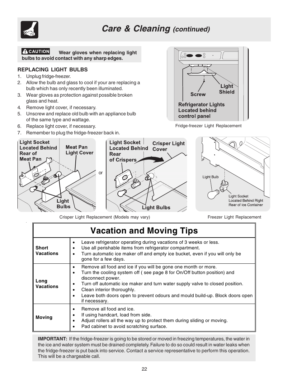 Care & cleaning, Vacation and moving tips, Continued) | Electrolux U27107 User Manual | Page 22 / 28