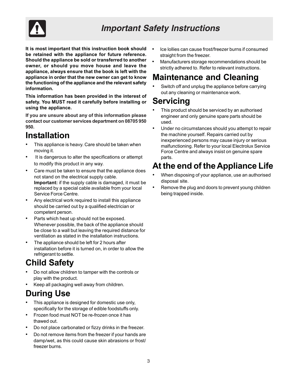 Important safety instructions, Installation, Child safety | During use, Maintenance and cleaning, Servicing, At the end of the appliance life | Electrolux U27107 User Manual | Page 3 / 28