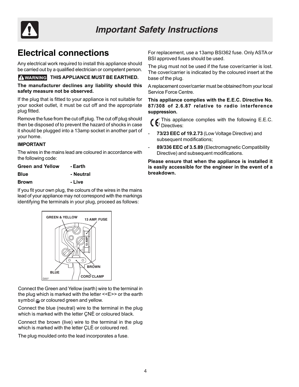 Important safety instructions, Electrical connections | Electrolux U27107 User Manual | Page 4 / 28