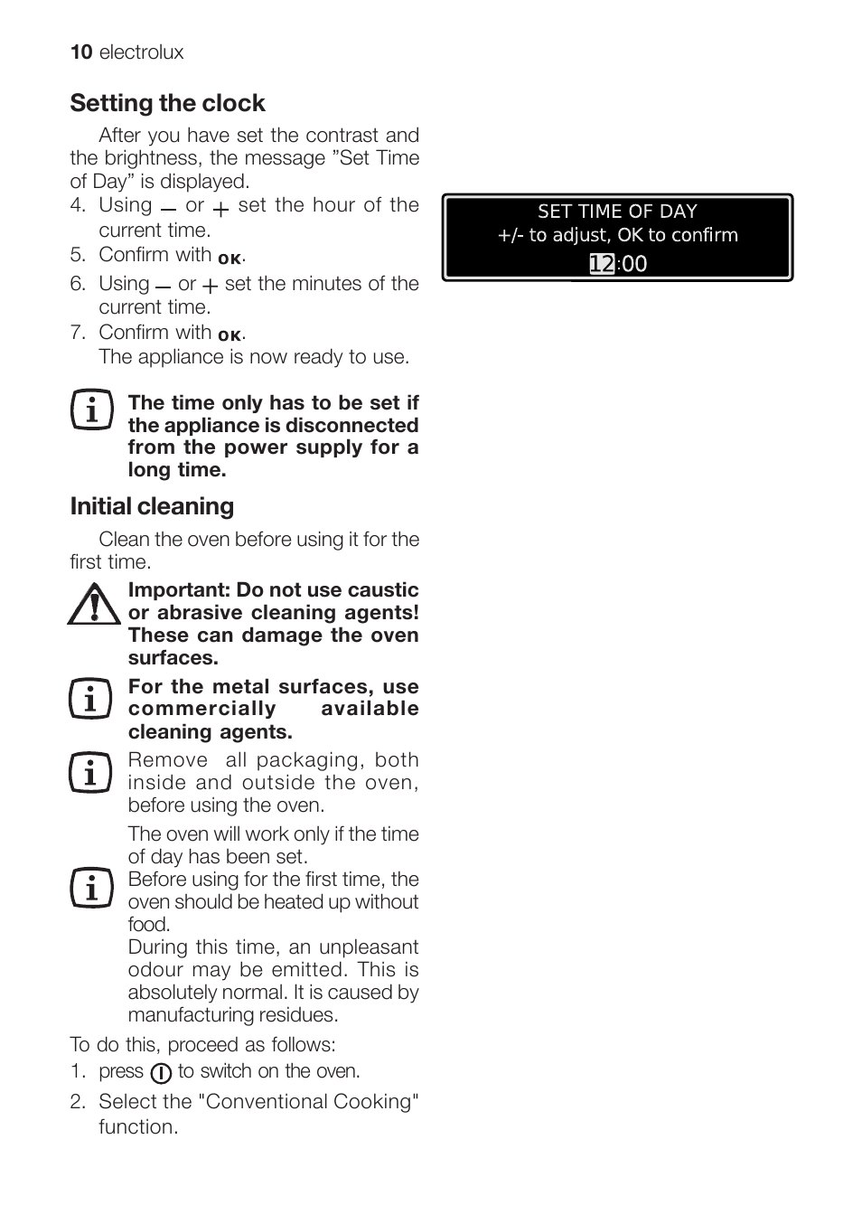 Setting the clock, Initial cleaning | Electrolux EOB 68713 User Manual | Page 10 / 52