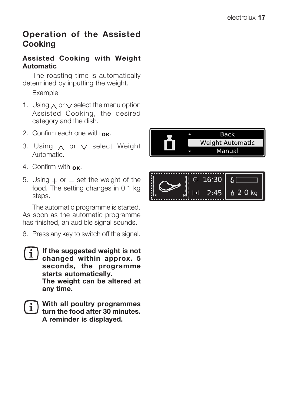 Operation of the assisted cooking | Electrolux EOB 68713 User Manual | Page 17 / 52