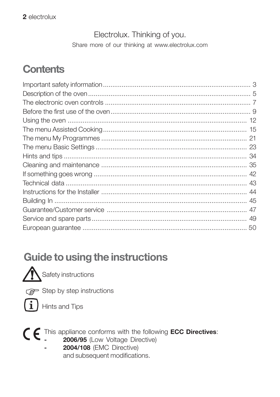 Guide to using the instructions contents | Electrolux EOB 68713 User Manual | Page 2 / 52