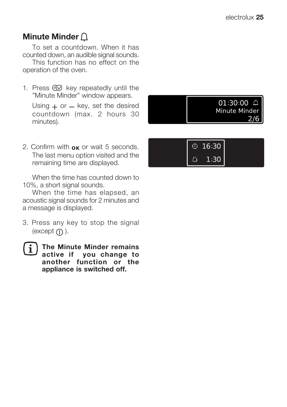 Minute minder | Electrolux EOB 68713 User Manual | Page 25 / 52