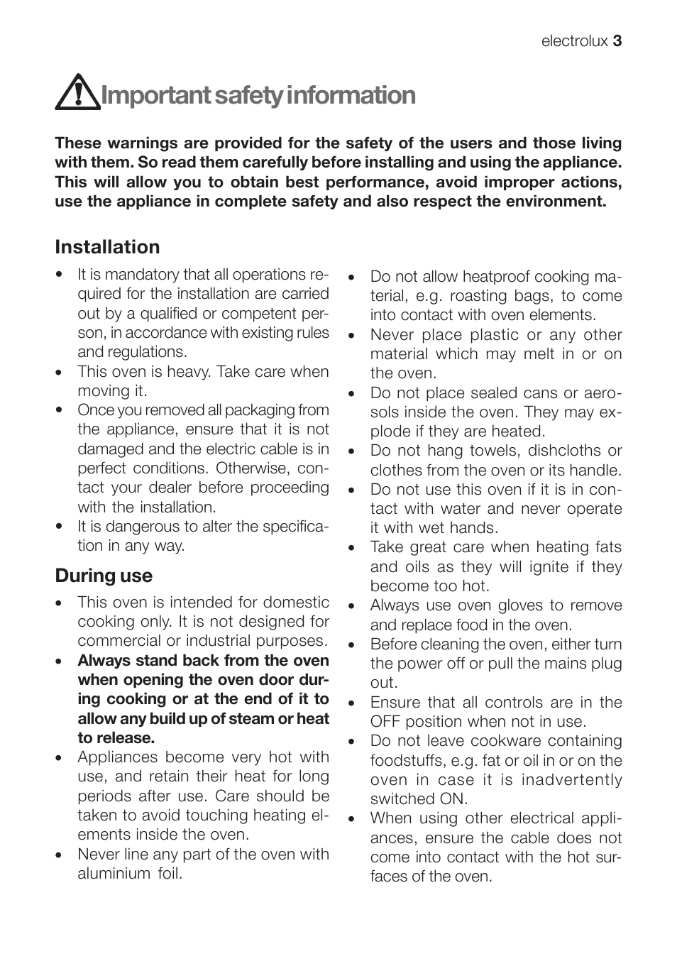 Important safety information, Installation, During use | Electrolux EOB 68713 User Manual | Page 3 / 52