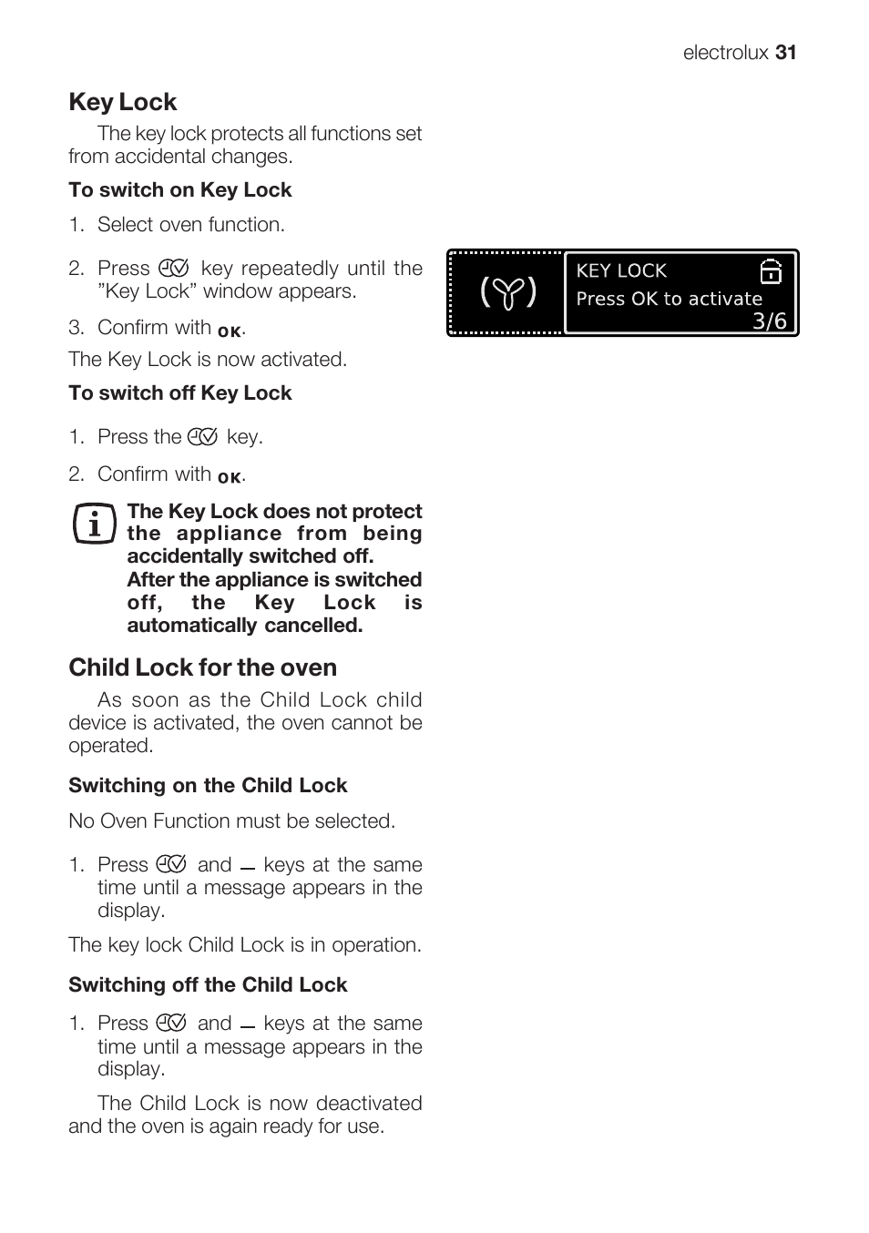 Key lock, Child lock for the oven | Electrolux EOB 68713 User Manual | Page 31 / 52