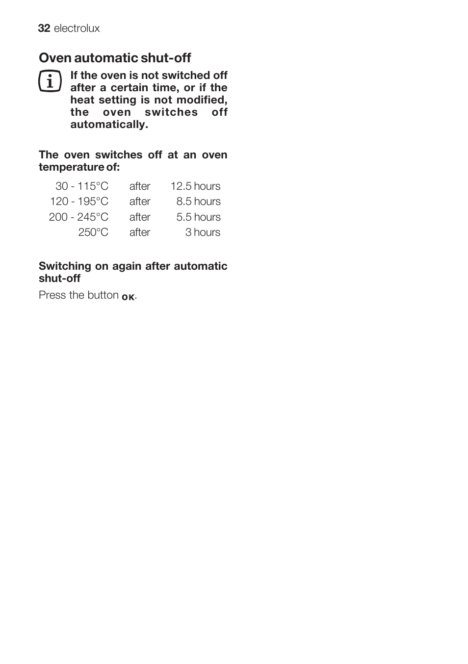 Oven automatic shut-off | Electrolux EOB 68713 User Manual | Page 32 / 52