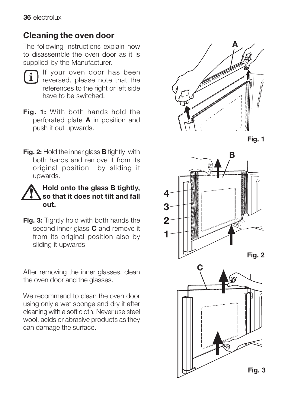 Ba c, Cleaning the oven door | Electrolux EOB 68713 User Manual | Page 36 / 52