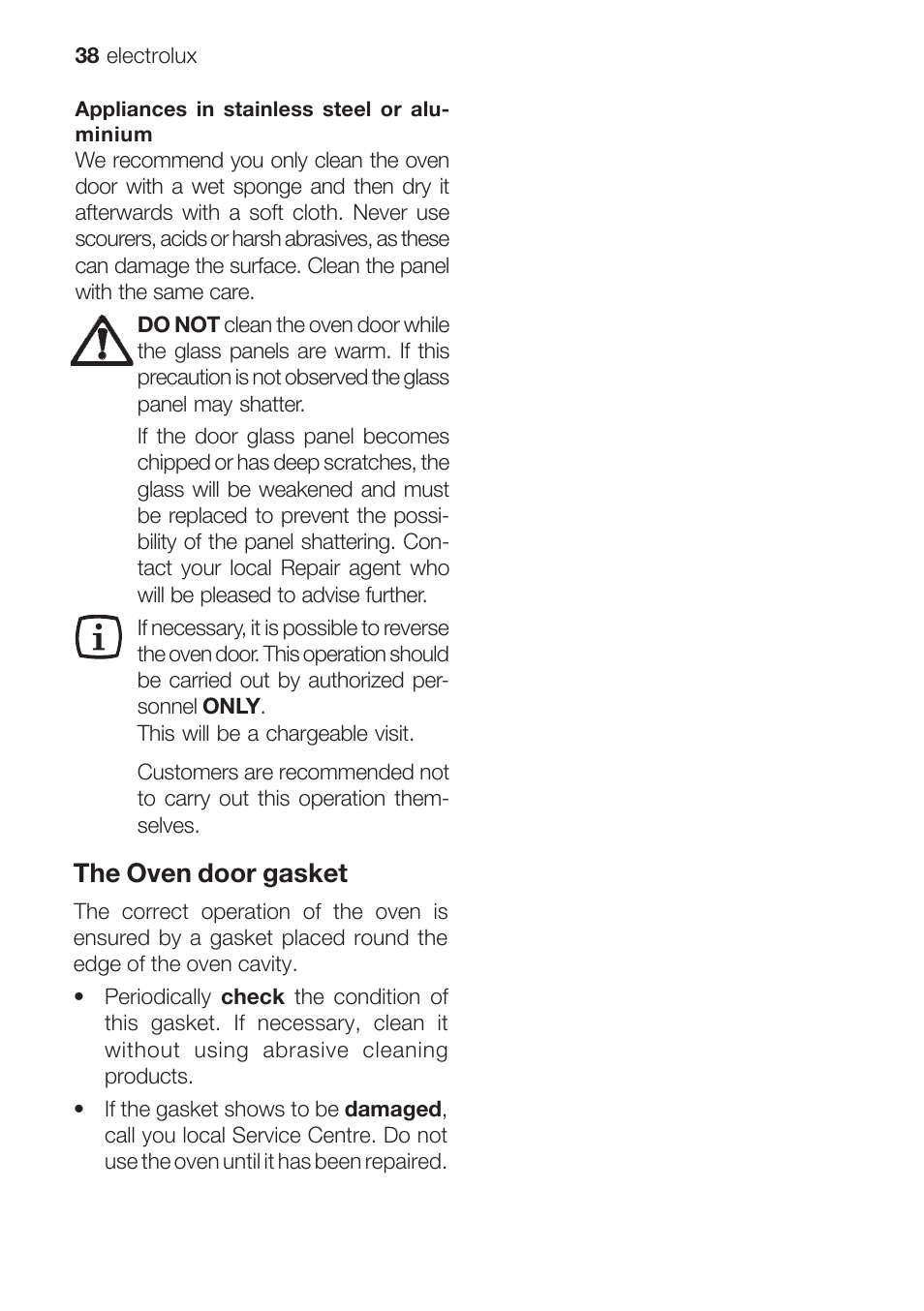 The oven door gasket | Electrolux EOB 68713 User Manual | Page 38 / 52
