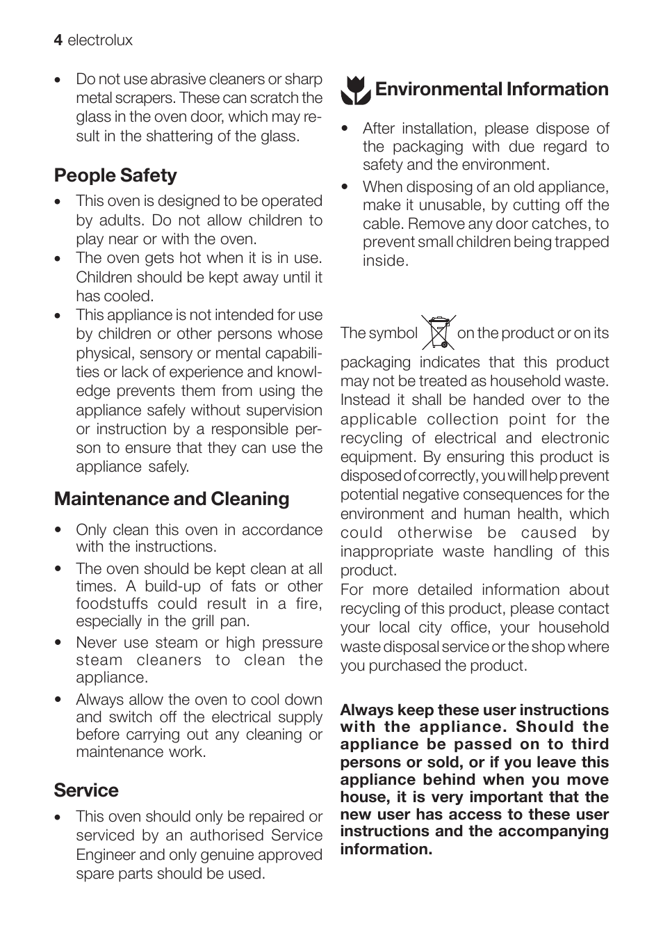 People safety, Maintenance and cleaning, Service | Environmental information | Electrolux EOB 68713 User Manual | Page 4 / 52