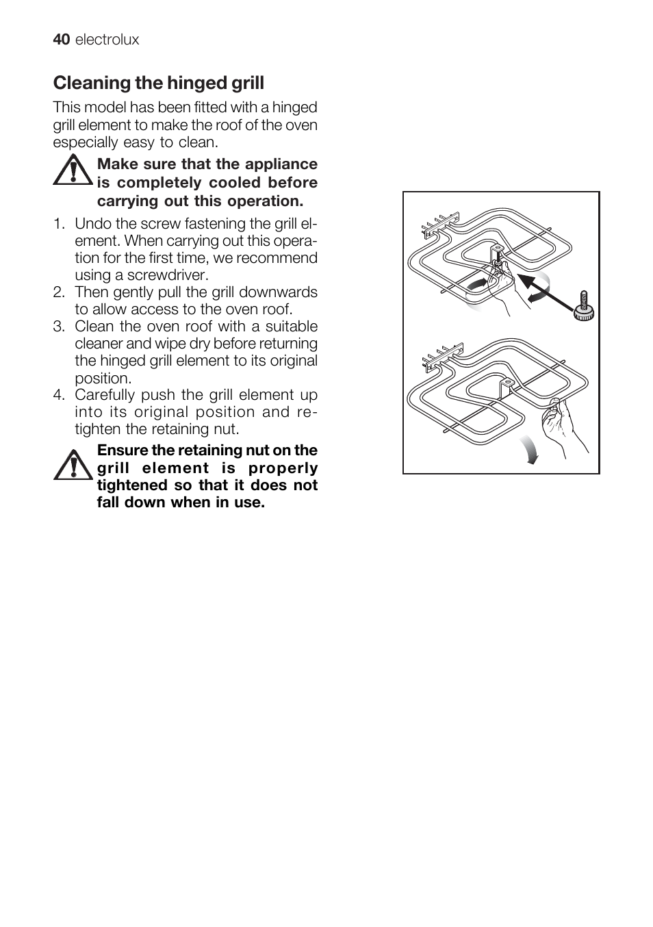 Cleaning the hinged grill | Electrolux EOB 68713 User Manual | Page 40 / 52