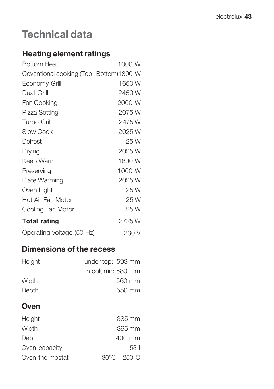 Technical data, Heating element ratings, Dimensions of the recess | Oven | Electrolux EOB 68713 User Manual | Page 43 / 52