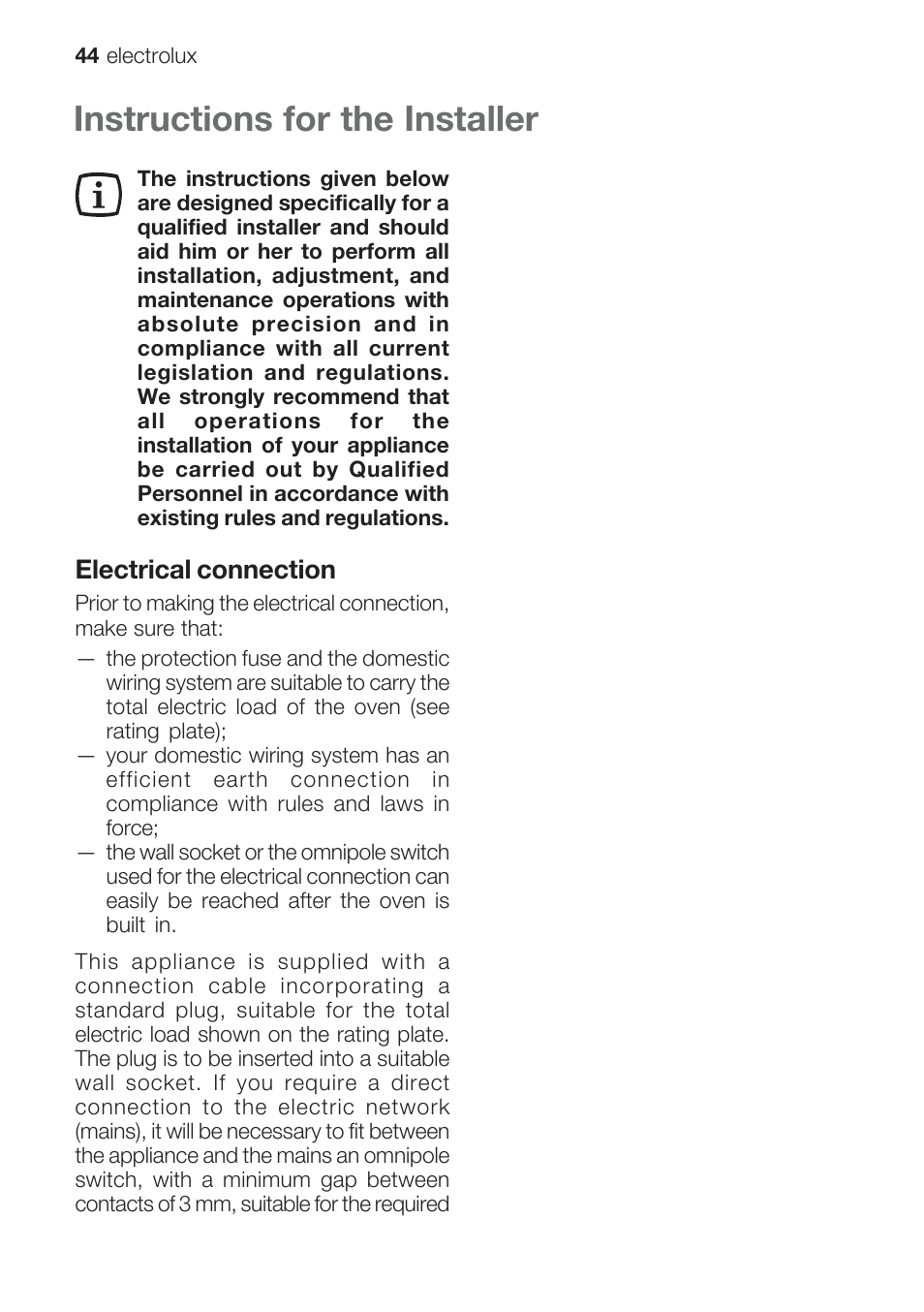 Instructions for the installer | Electrolux EOB 68713 User Manual | Page 44 / 52