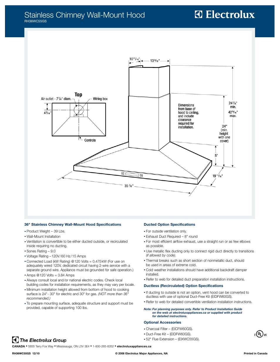 Stainless chimney wall-mount hood | Electrolux RH36WC55GS User Manual | Page 2 / 2